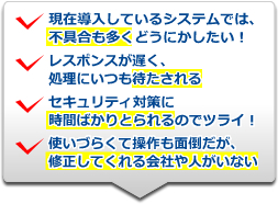 ・現在導入しているシステムでは、不具合も多くどうにかしたい・レスポンスが遅く、処理にいつも待たされる・セキュリティ対策に時間ばかりとられるのでツライ・使いづらくて操作も面倒だが、修正してくれる会社や人がいない